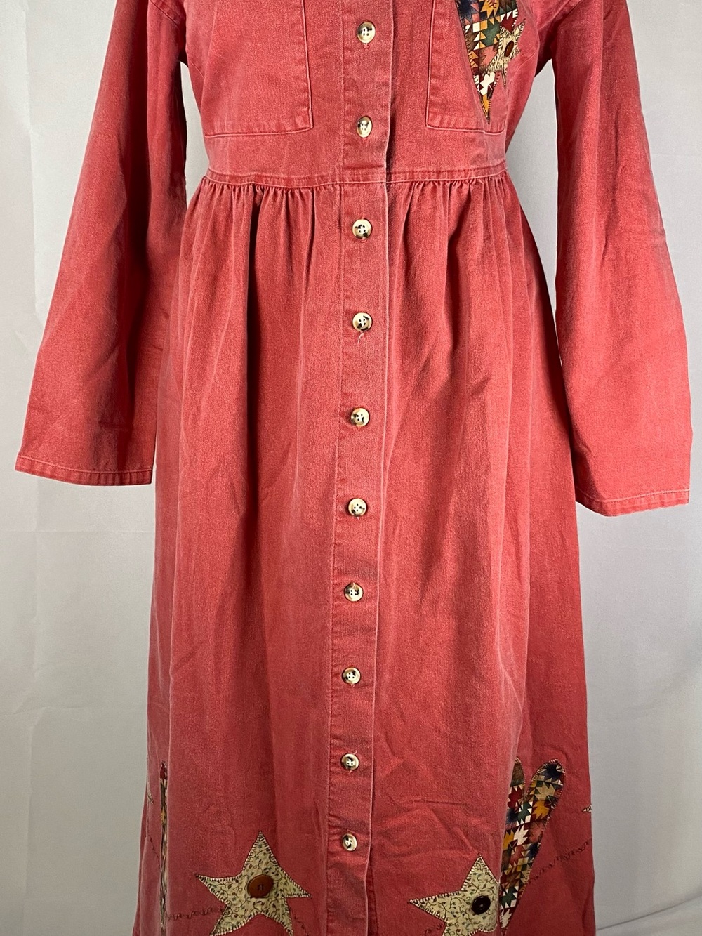Sunbelt Coral Red Button-Front Maxi Dress with Star Patchwork
